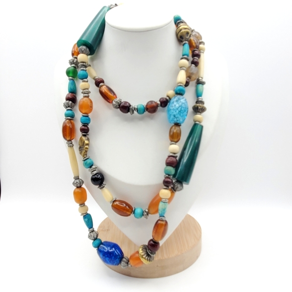 Multi Color Glass Beaded Necklace Single Strand Green Orange Metal 52" Long - Picture 1 of 5